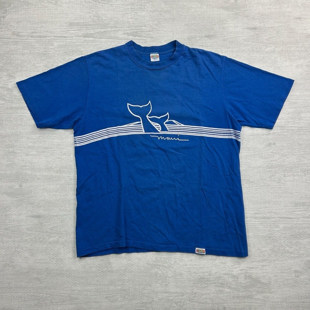 Vintage 70s Crazy Shirts Shirt‎ Adult Large Blue Maui Hawaii Whale Tail Ocean